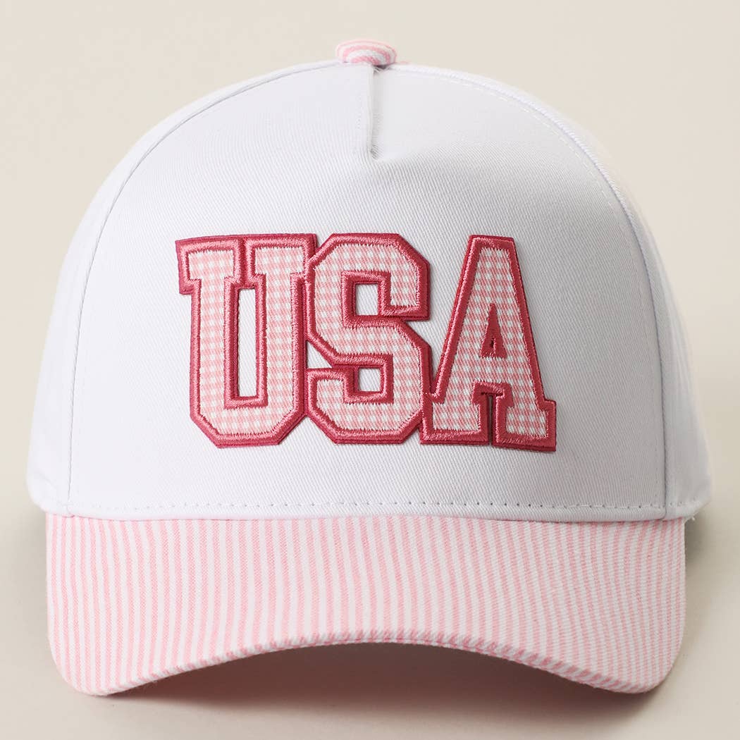 USA Gingham Embroidered Patch Stripe Brim Trucker Hat