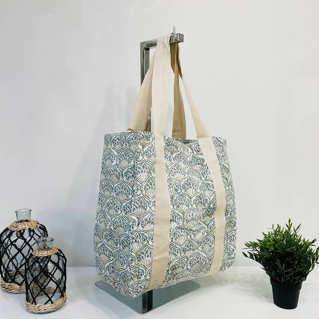 Handcrafted Canvas Bag with Block-Printed Floral Peacock