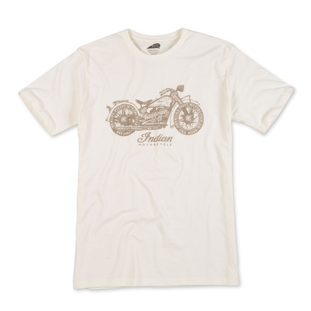 White t-shirt with brown motorcycle graphic and &