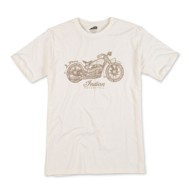 White t-shirt with brown motorcycle graphic and &