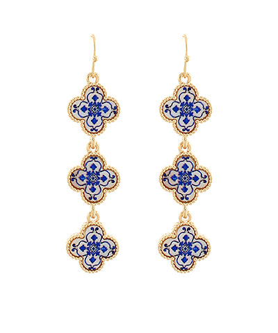 Blue Patterned Clover Linear Earrings