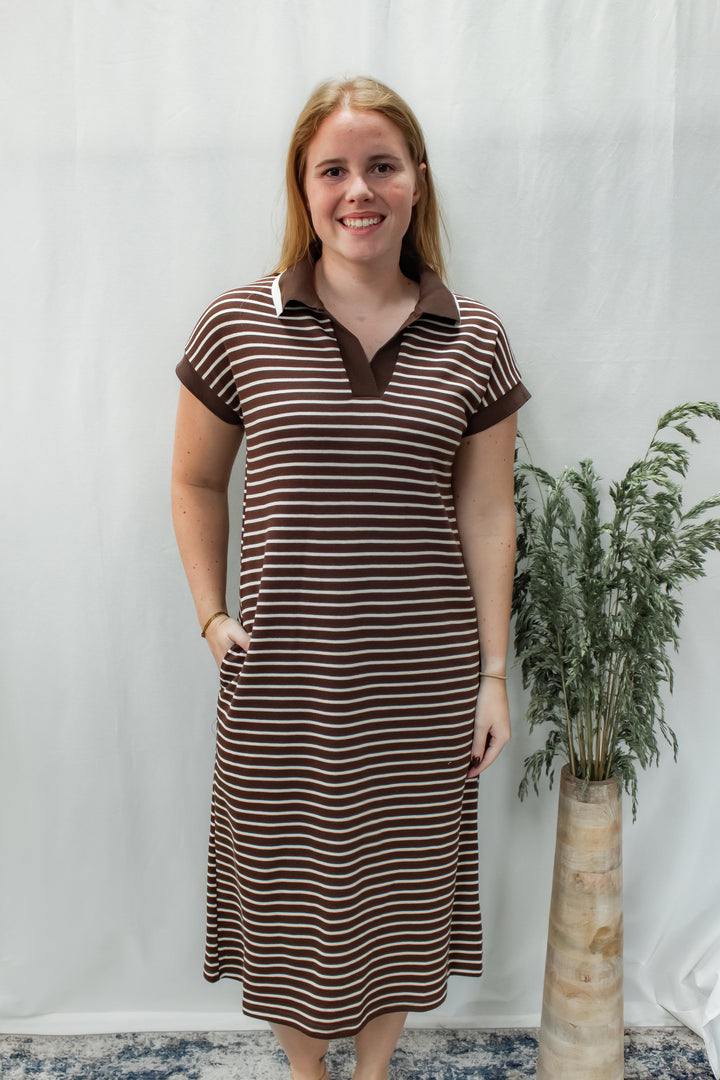 Short Sleeve Striped Collared Midi Dress