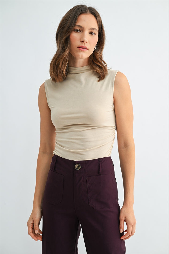 Knit Shirring Mock Neck Top