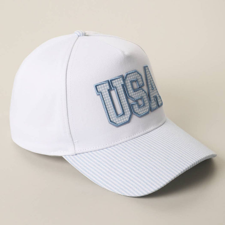 USA Gingham Embroidered Patch Stripe Brim Trucker Hat