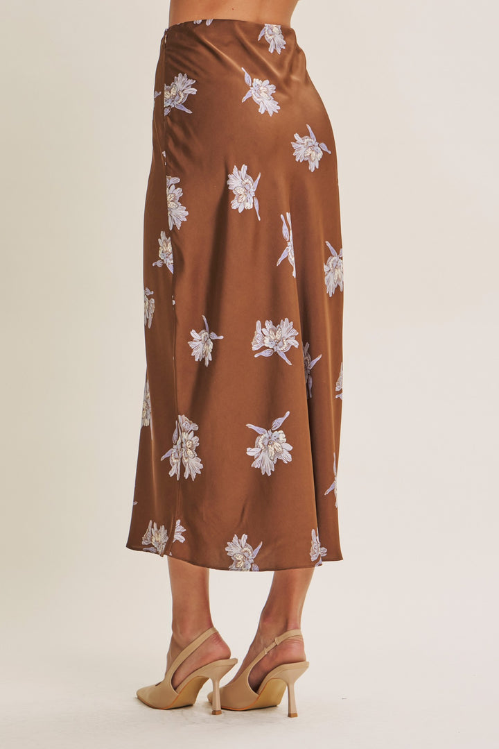 Fall Satin Floral Midi Skirt