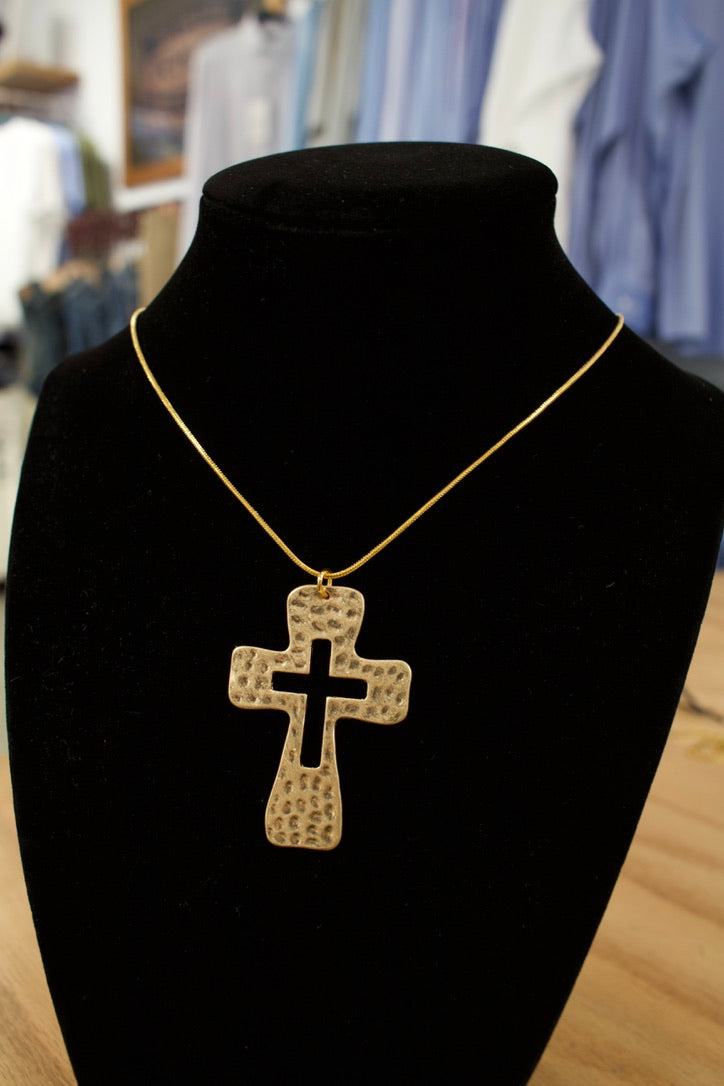 Gold Hammered Hallow Cross Necklace