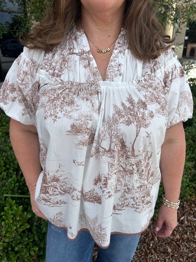 Toile Print Puff Sleeve Blouse