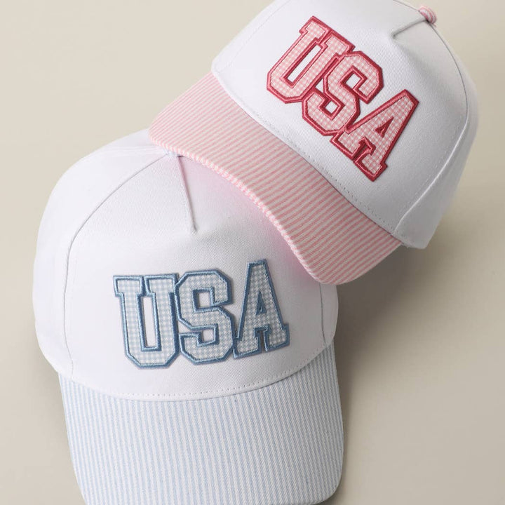 USA Gingham Embroidered Patch Stripe Brim Trucker Hat