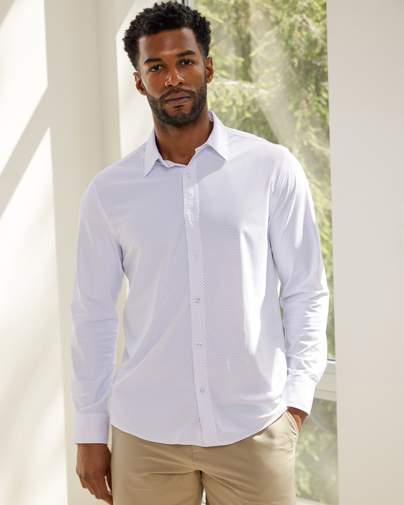 longsleeve white button up with subtle dot detail