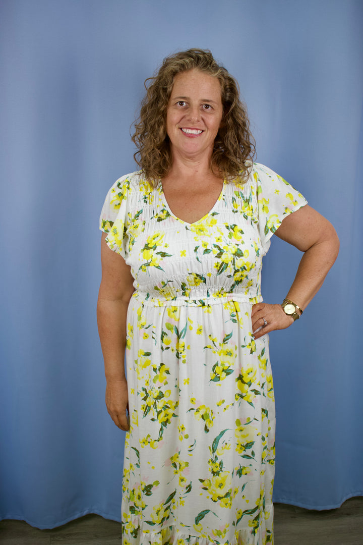 LUCY SMOCKED TOP FLORAL PRINT DRESS