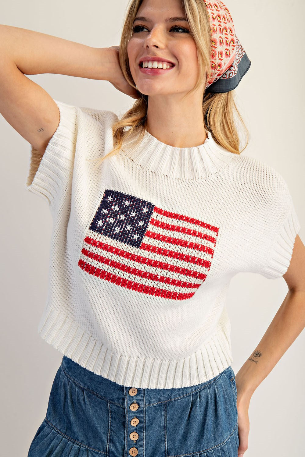 American Flag Mock Neck Sweater Top