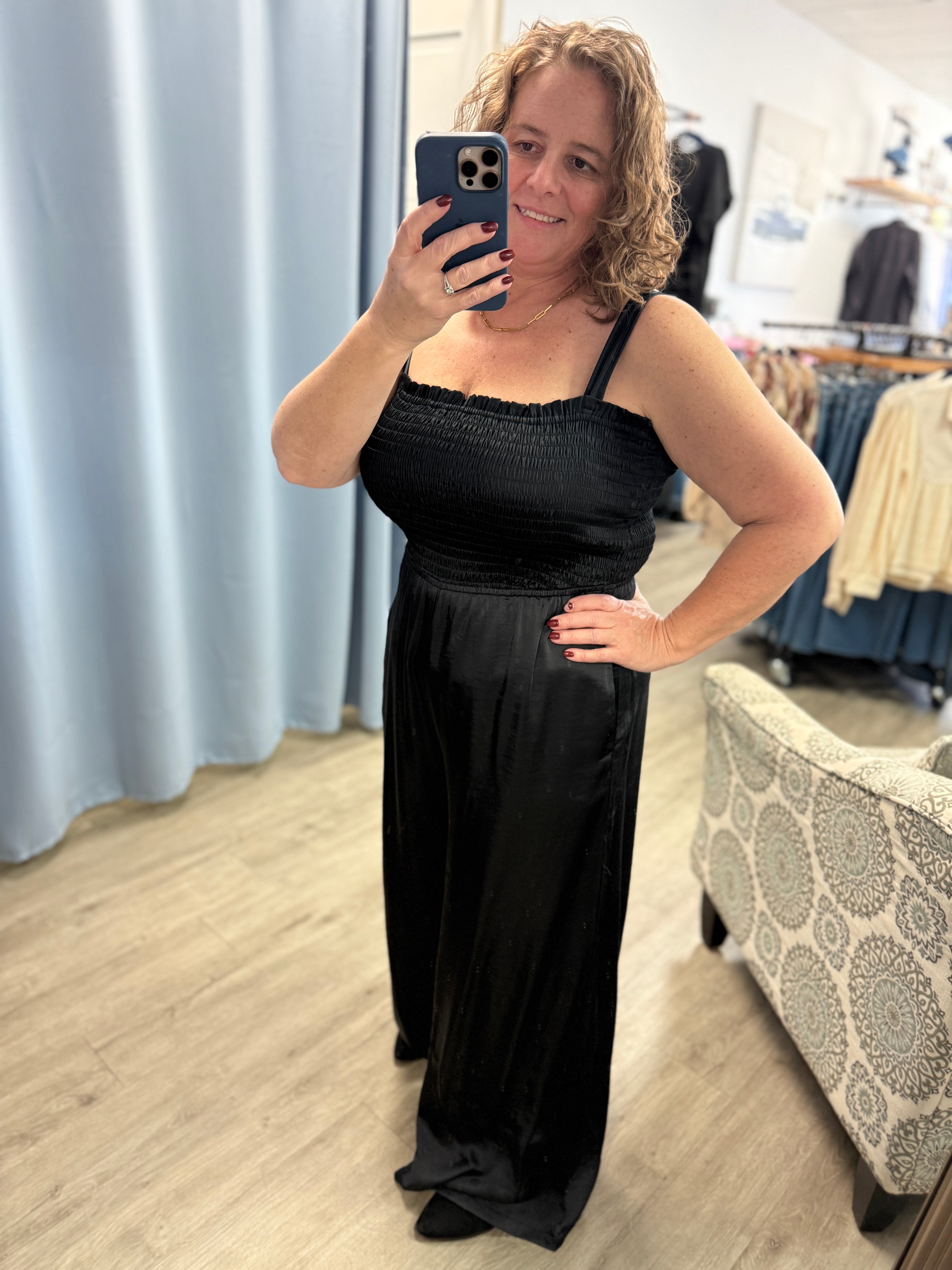 Black Satin Smocked Jumpsuit