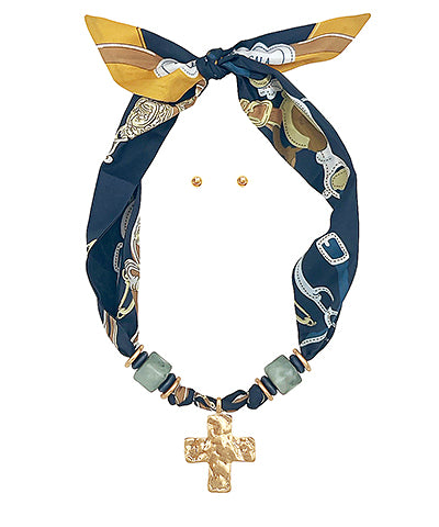 Hammered Cross Pendant Scarf Necklace