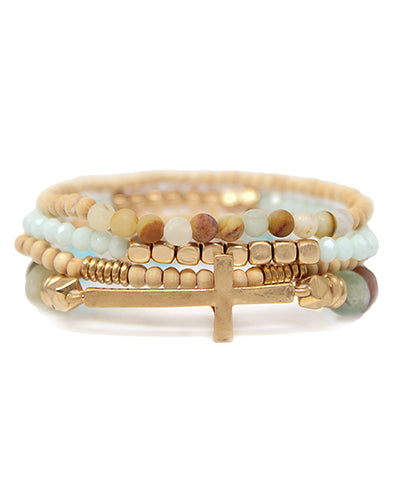 4 Row Wood Stone Beads & Cross Bracelet