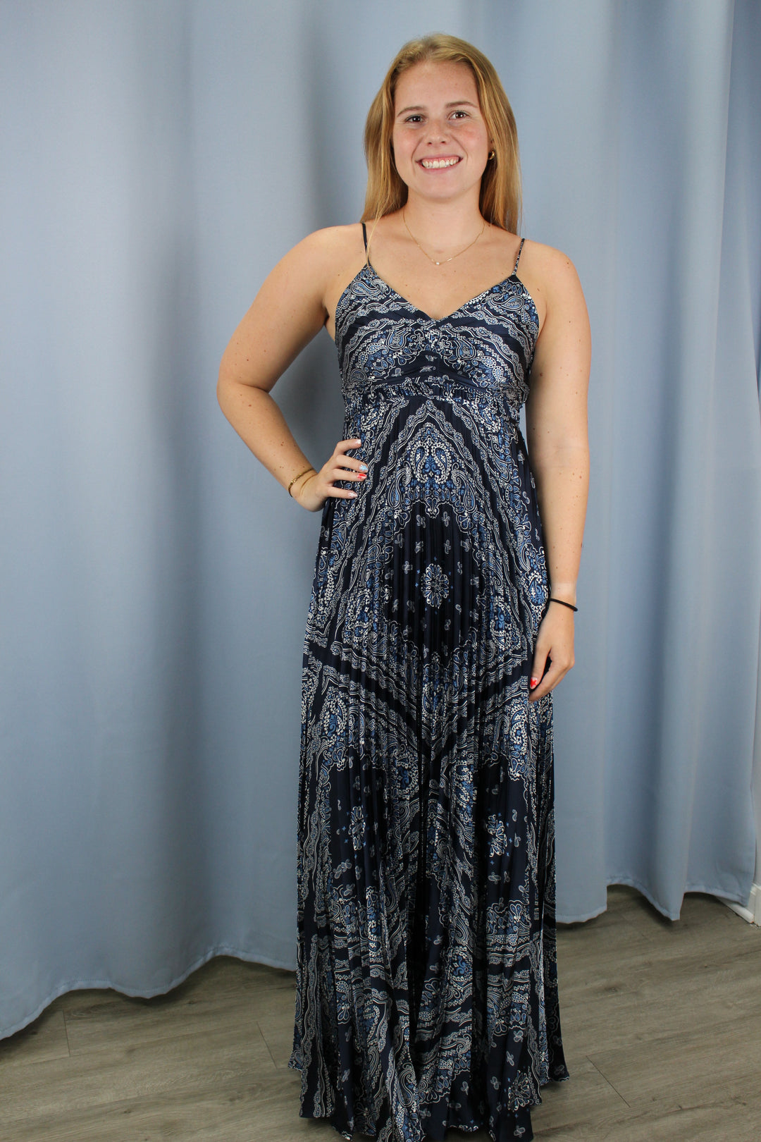 skies are blue navy pleated dress
