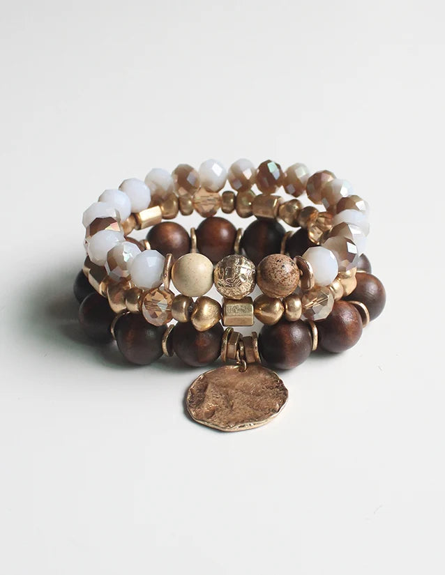 Brown, Gold, and Natural Stone Stretch Bracelet
