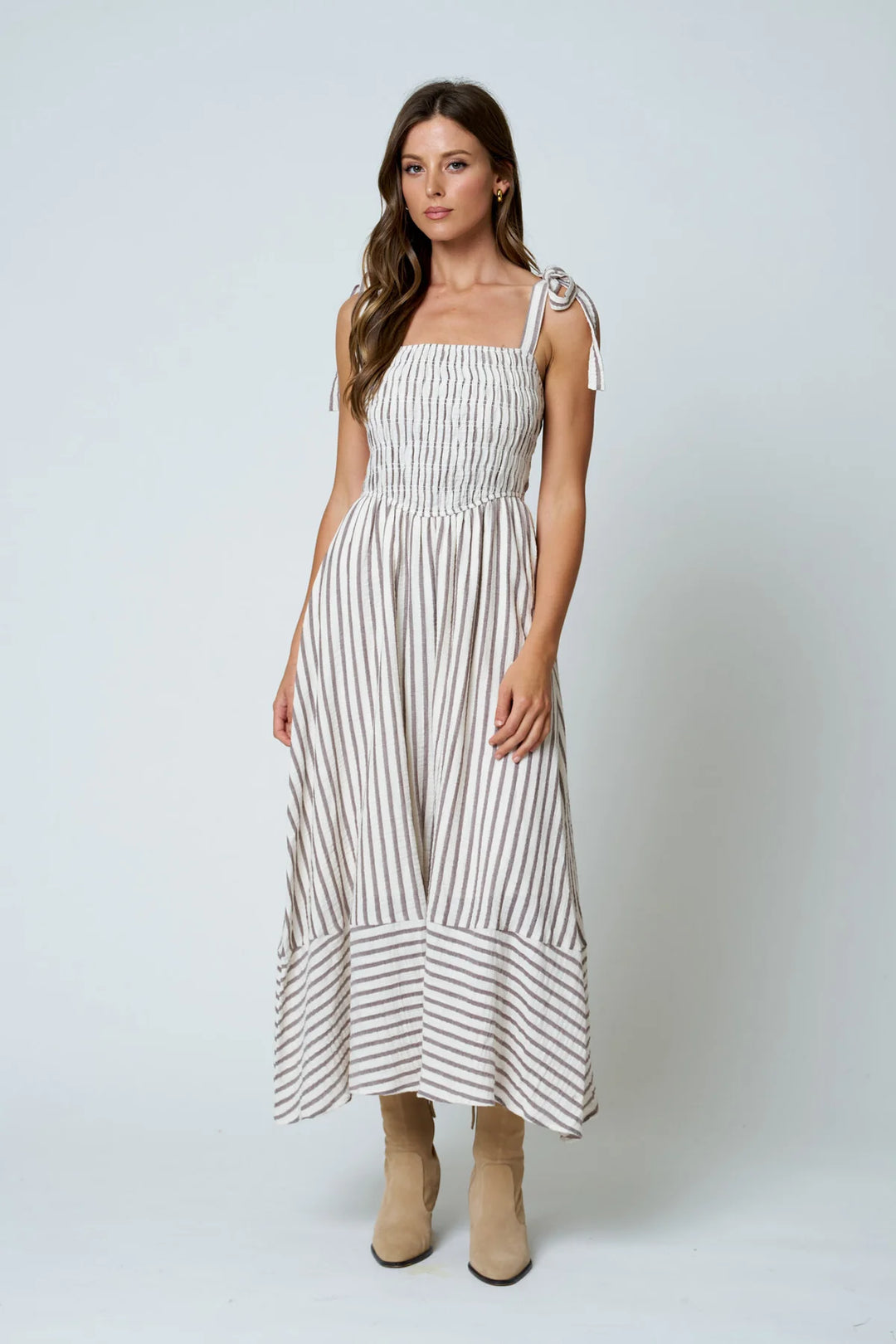 Stripe Smocked Tie Strap Basque Waist Maxi Dress