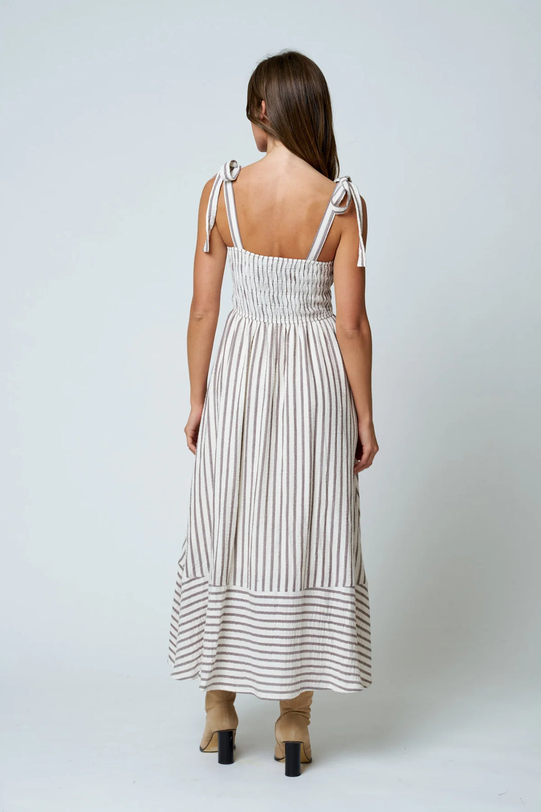 Stripe Smocked Tie Strap Basque Waist Maxi Dress