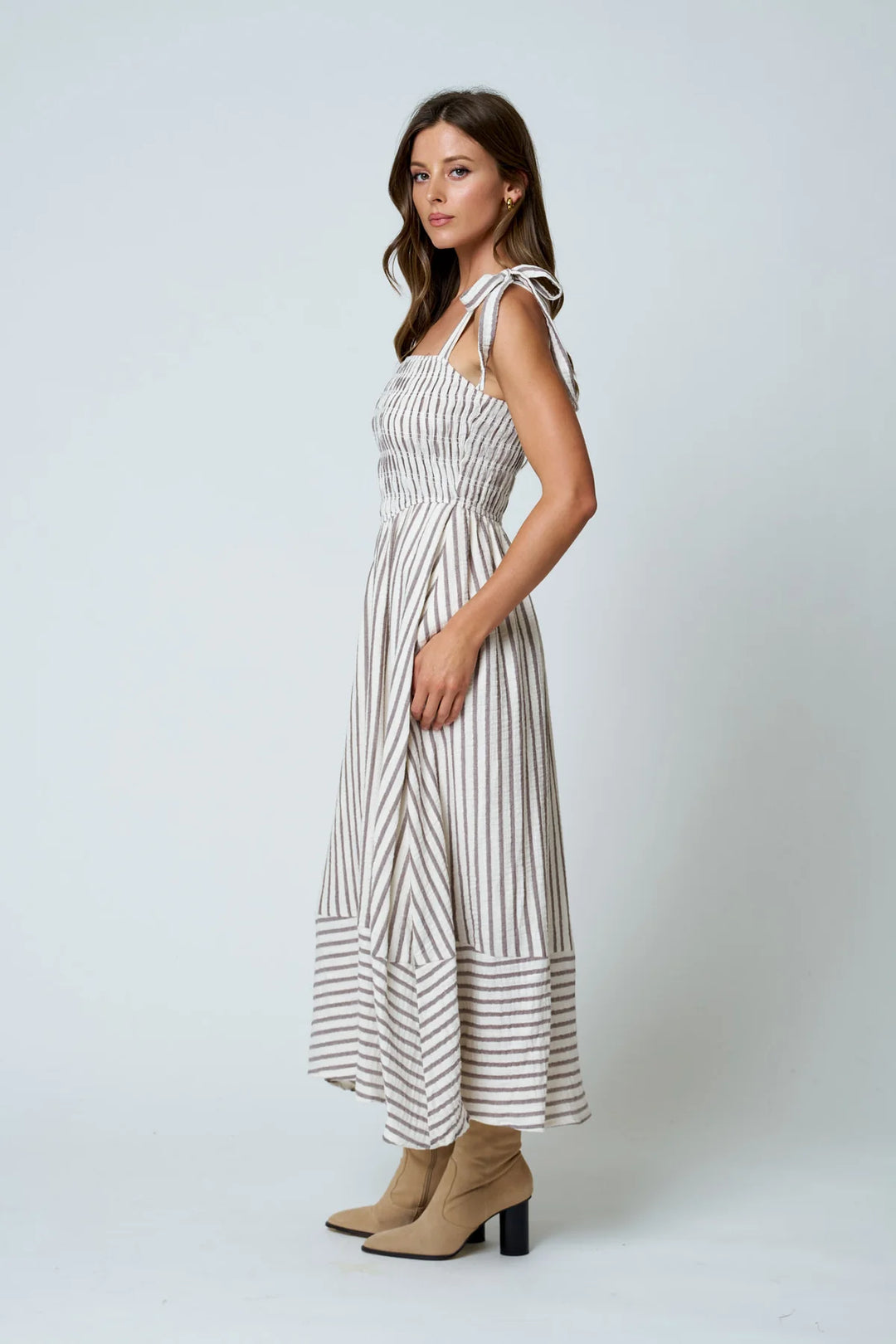 Stripe Smocked Tie Strap Basque Waist Maxi Dress