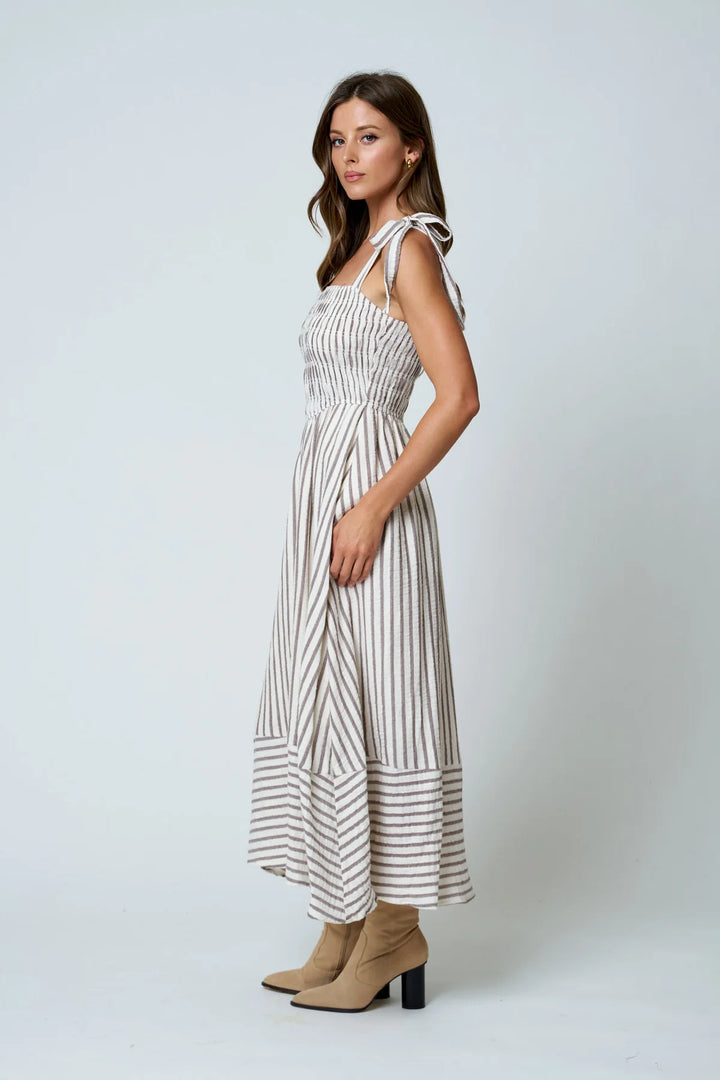 Stripe Smocked Tie Strap Basque Waist Maxi Dress