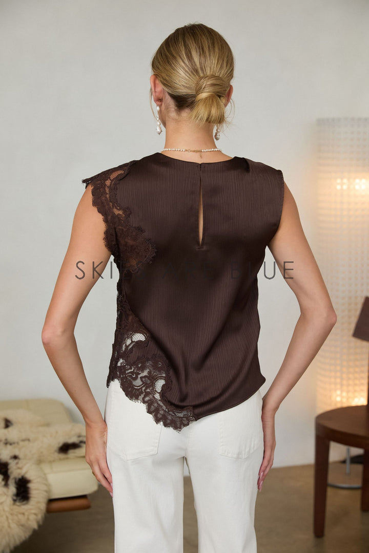 Sleeveless Lace Asymmetrical Top- Brown