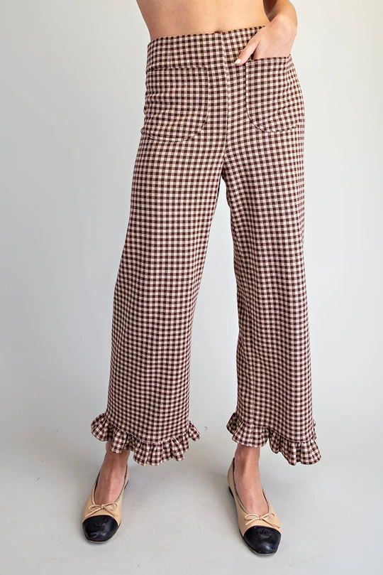 Gingham Ruffled Hem Pants- Brownie