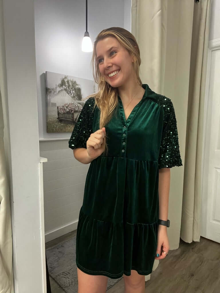 Hunter Green Velvet Dress With Sequined Puff Sleeves 