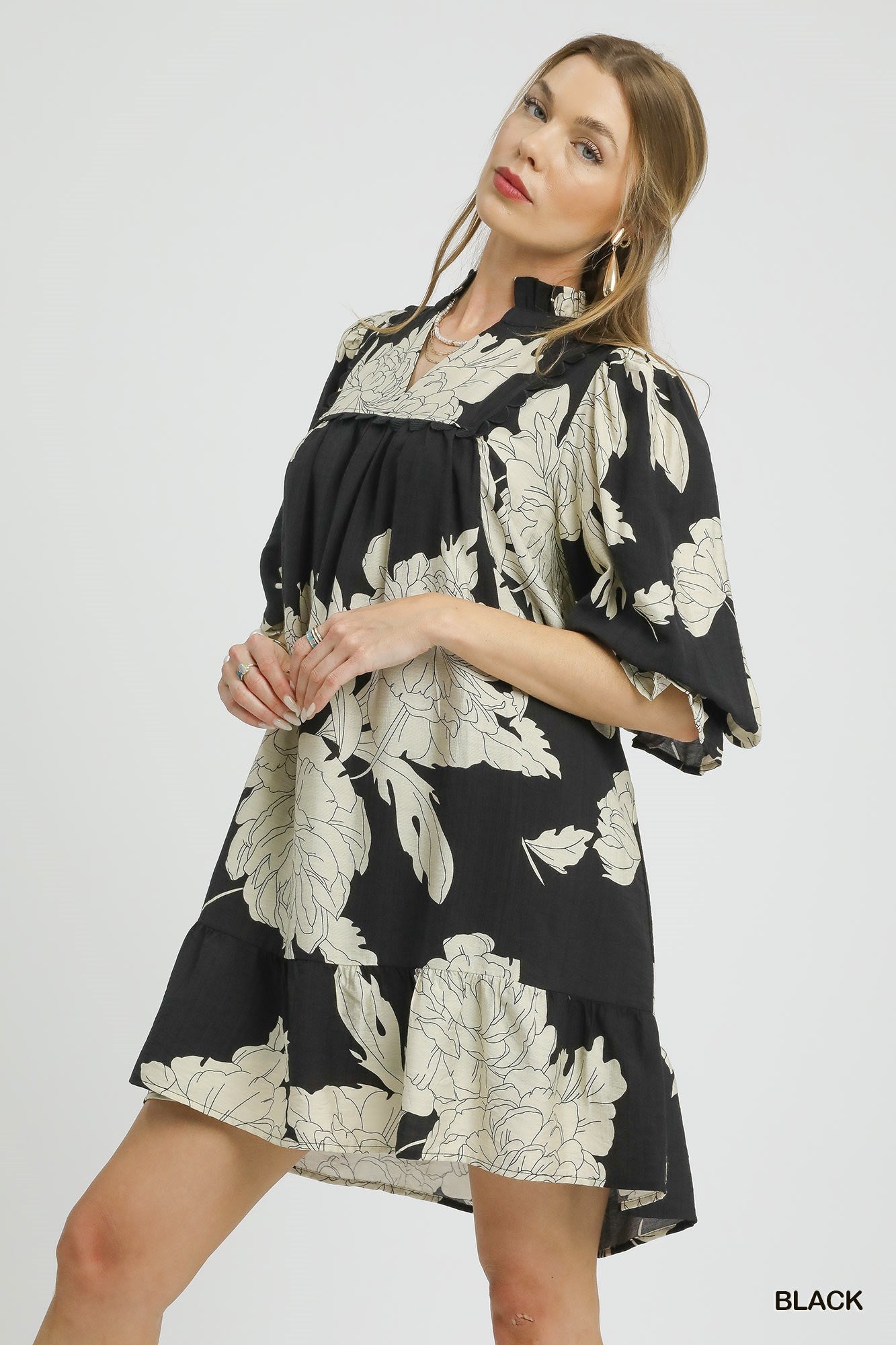 flowy floral babydoll dress black