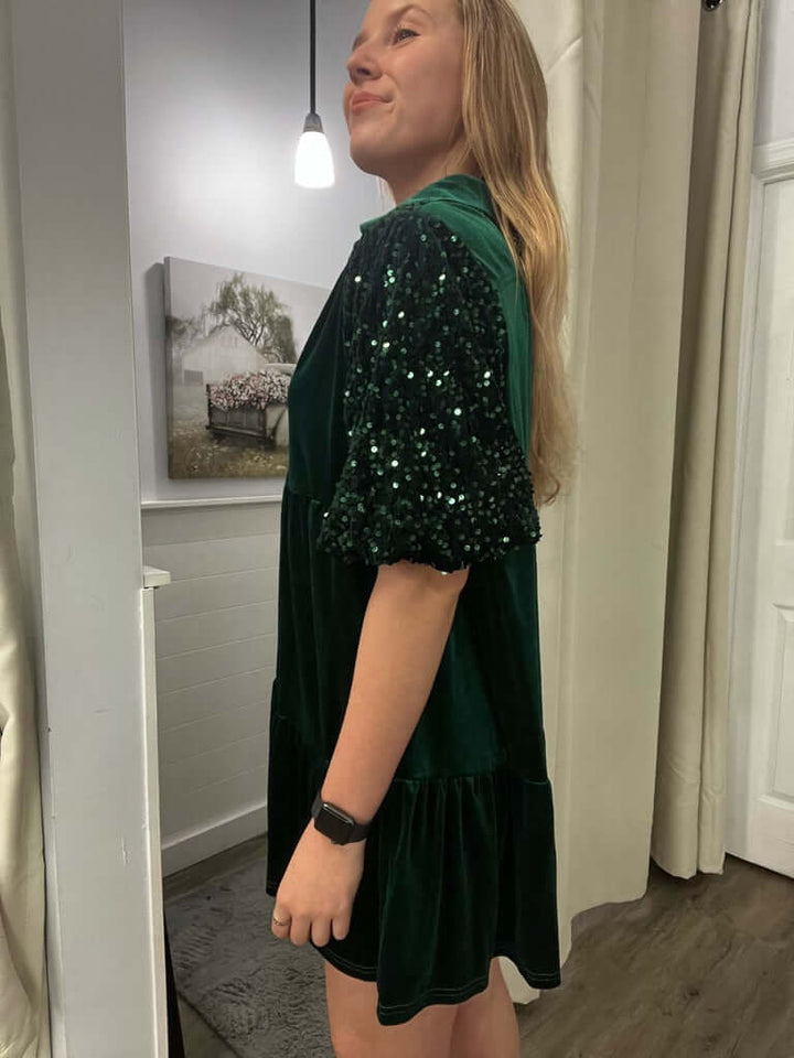 Hunter Green Velvet Dress With Sequined Puff Sleeves 