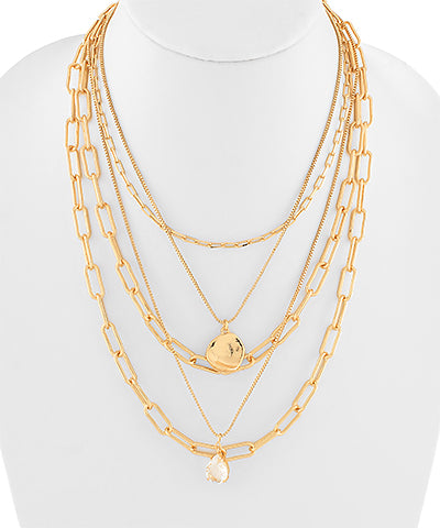 5 Layer Organic Disk & Pearl Pendant Necklace