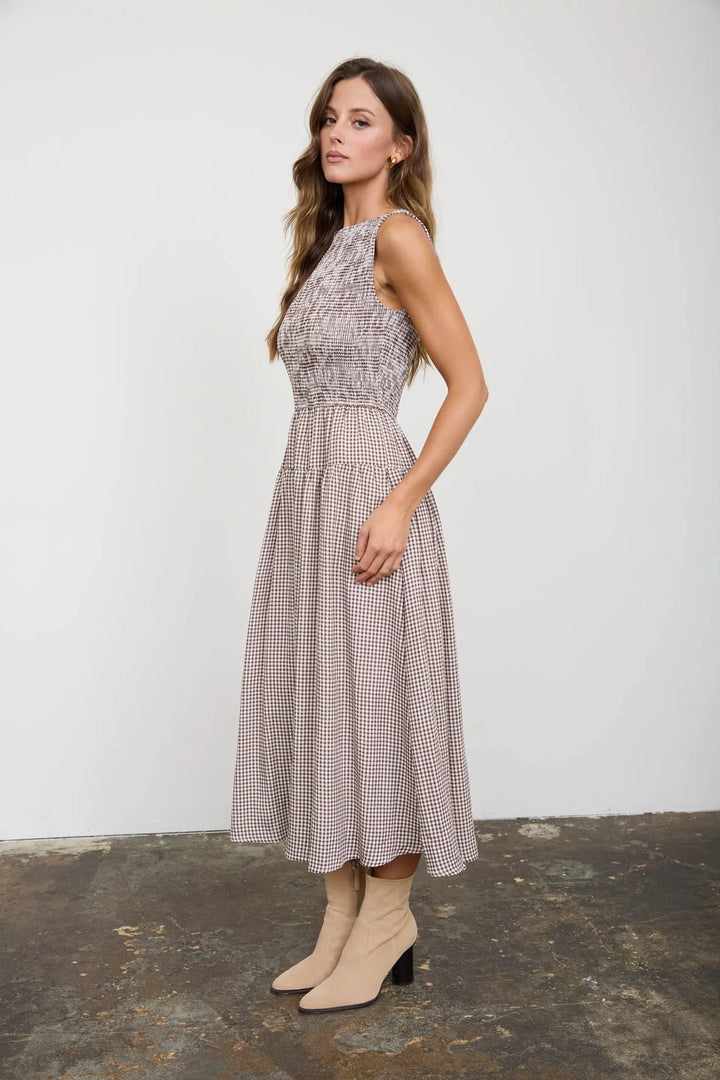 Smocked Gingham Tiered Sleeveless Midi Dress