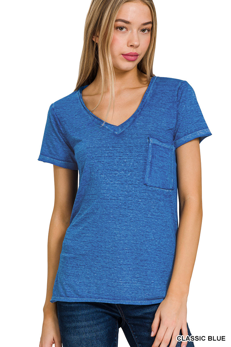 Washed Melange Burnout Scoop V-Neck Top