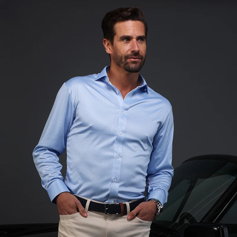 light blue houndstooth longsleeve collared button up 