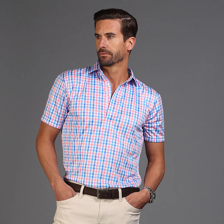 blue and pink gingham shortsleeve polo