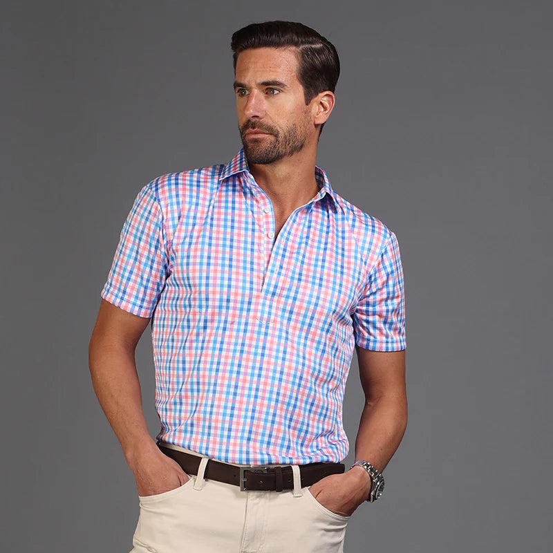 blue and pink gingham shortsleeve polo