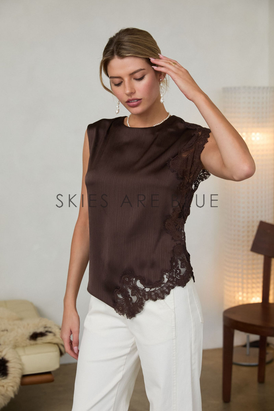 Sleeveless Lace Asymmetrical Top- Brown