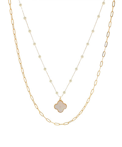 Layered Pearl Clover Pendant Necklace