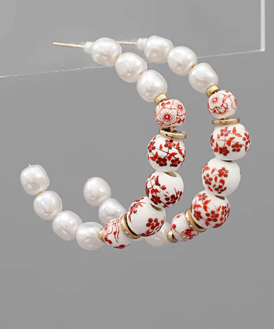 Printed Ball &amp; Pearl Hoops