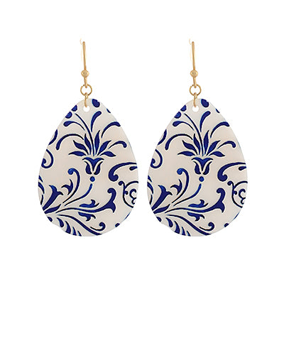 Blue Patterned MOP Teardrop Earrings