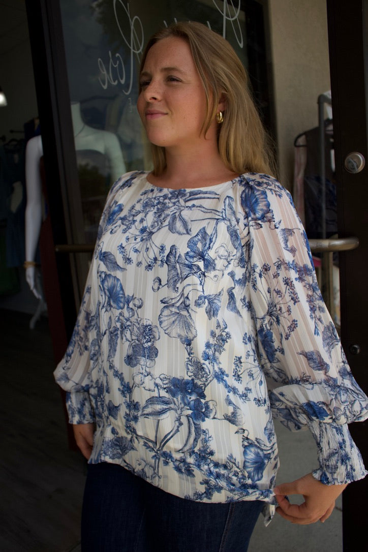 blue and white longsleeve floral blouse 