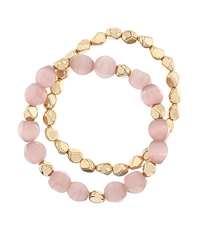 2 Row Geo Bead &amp; Metal Bracelet Pink/Gold