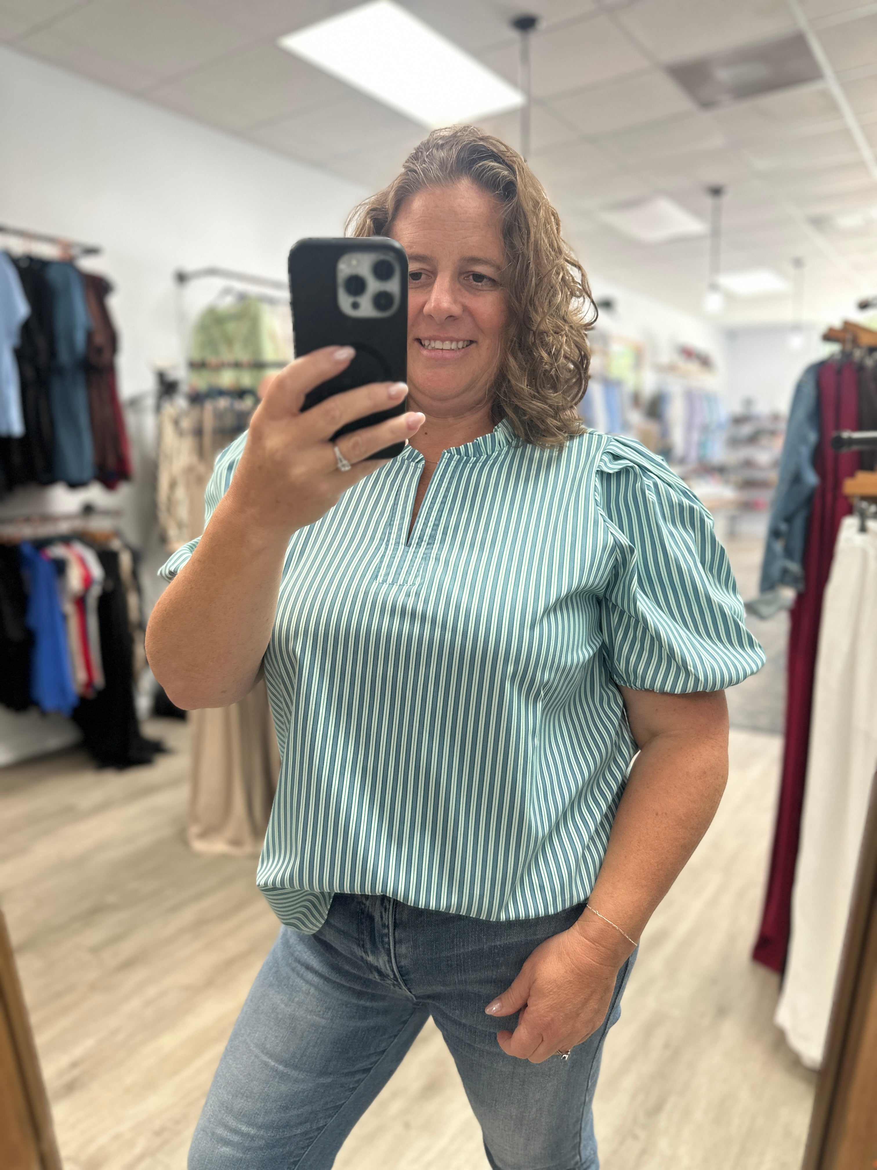 Mary Square Lainey Top blue/Green Stripe