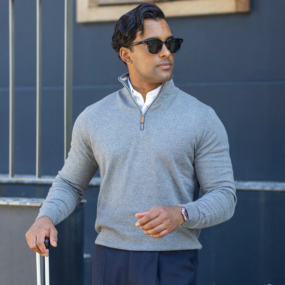 Collars &amp; Co. Luxury Touch Cotton and Cashmere Quarter Zip Sweater Grey with Cream Trim