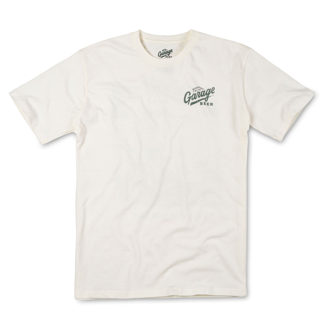 White t-shirt with black text on a white background
