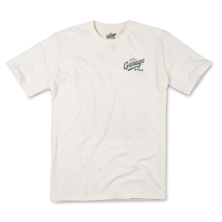 White t-shirt with black text on a white background