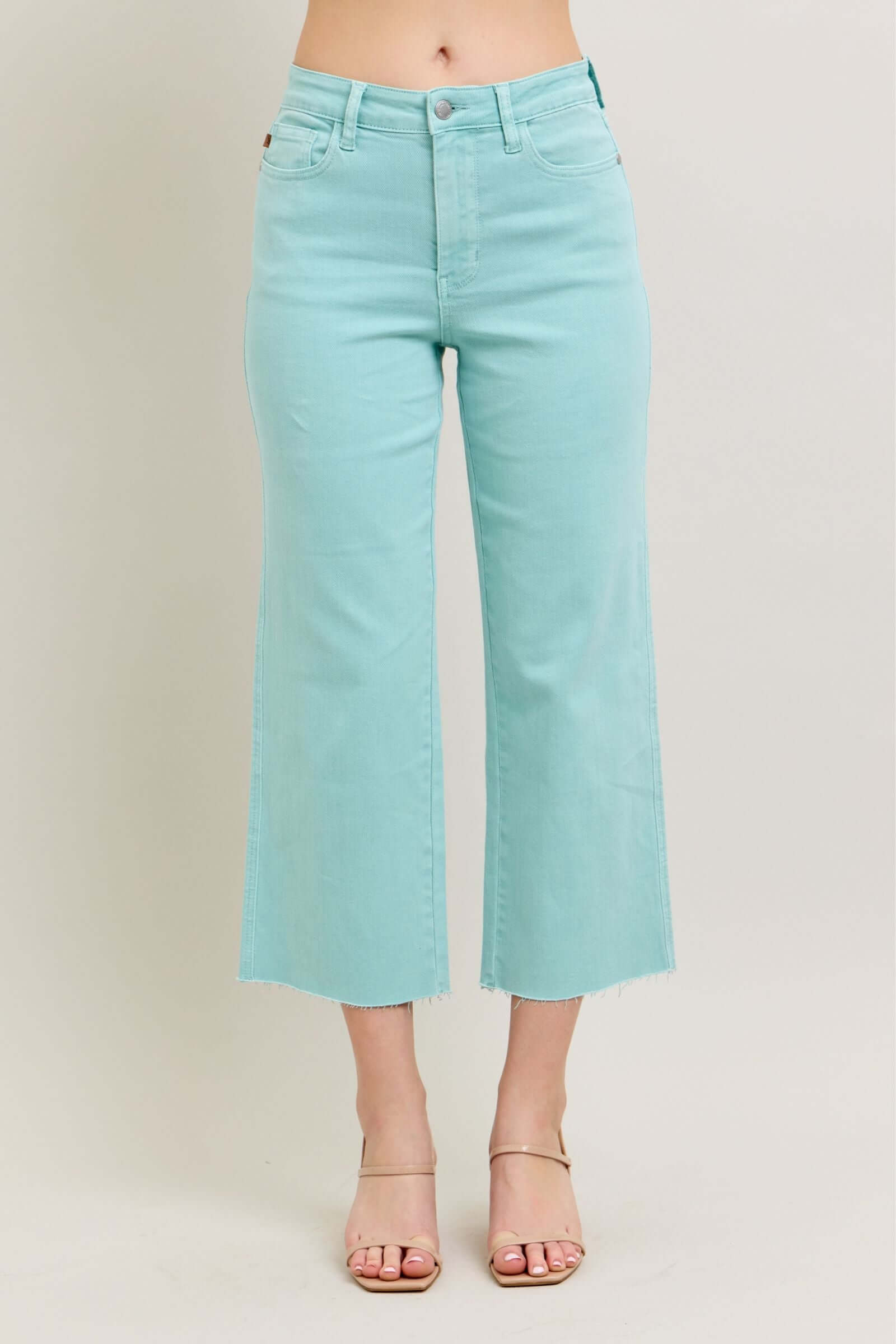 High Waist Garment Dyed Raw Hem Crop Wide Light Blue Sky