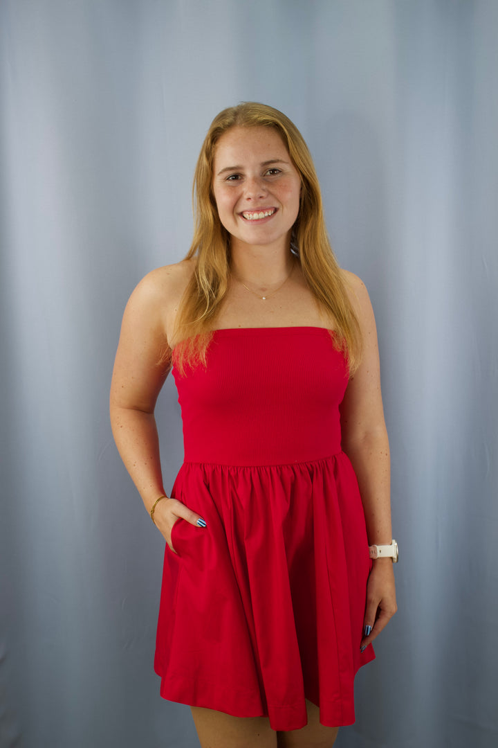 Tube Top Flare Mini Dress with Pockets