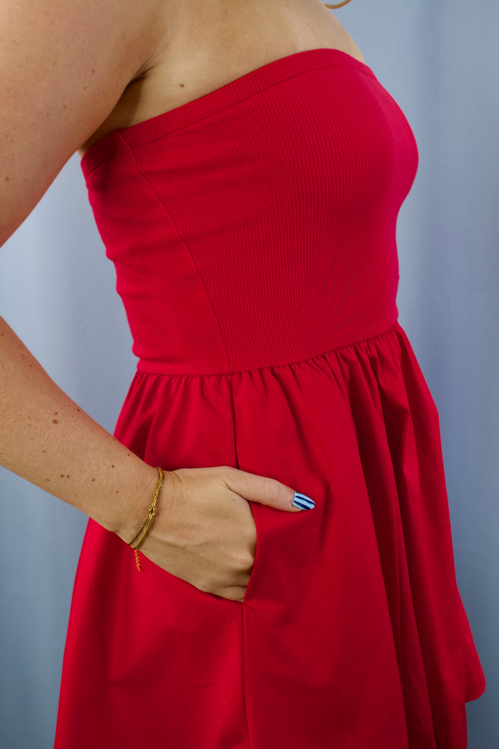 Tube Top Flare Mini Dress with Pockets