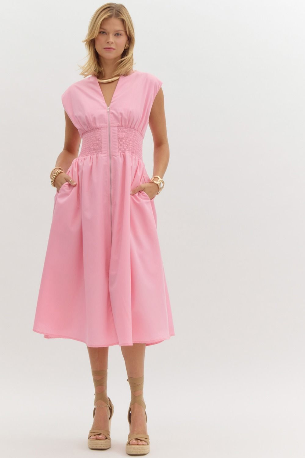 The Ivy Smocked Waist Midi Dress – Pink