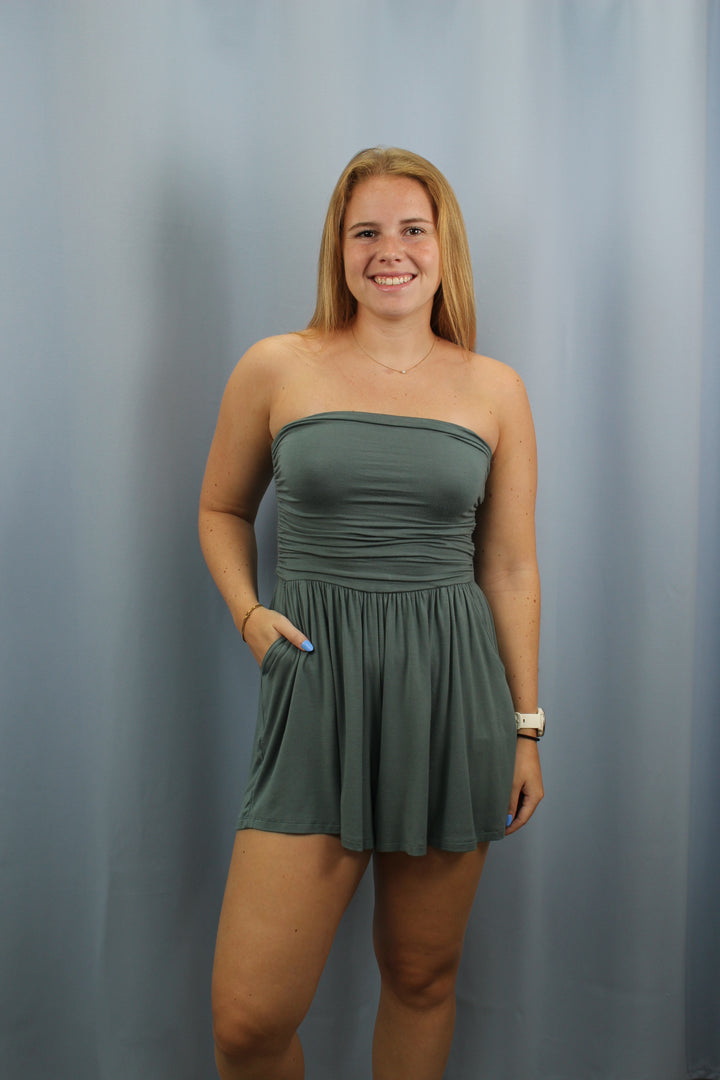 Double Layered Strapless Tube Top Romper-Ash Jade